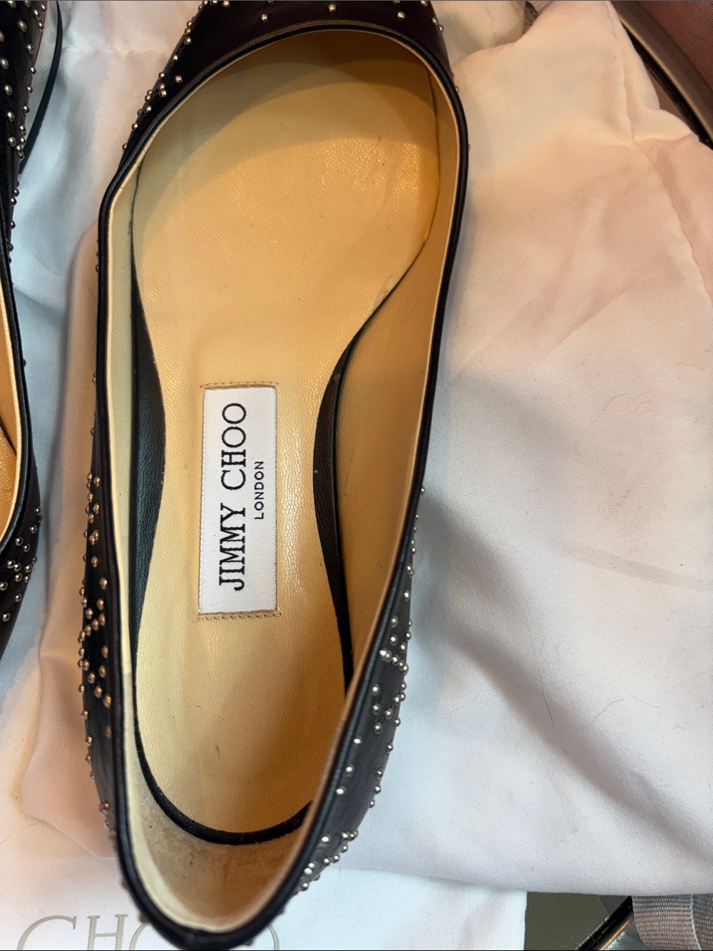 Authentic Jimmy Choo Black Leather Jessie Studded Flats - Picture 2 of 12